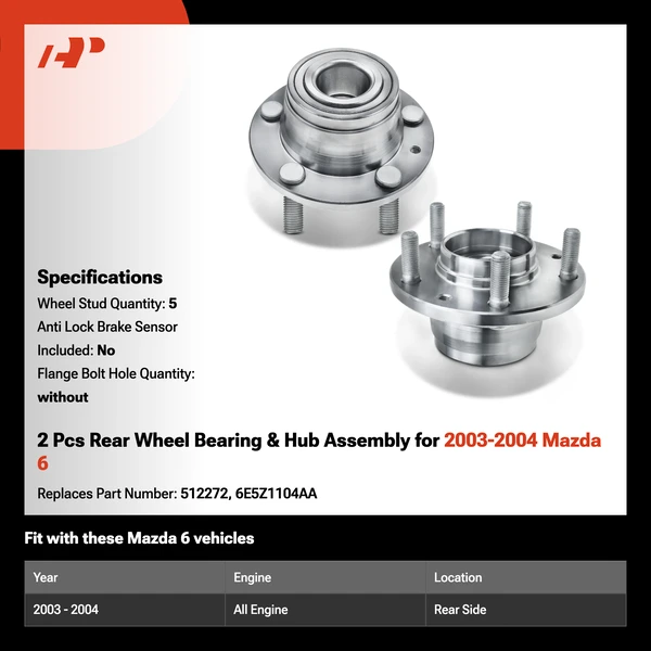 2 Pcs Rear Wheel Bearing & Hub Assembly for 2003-2004 Mazda 6