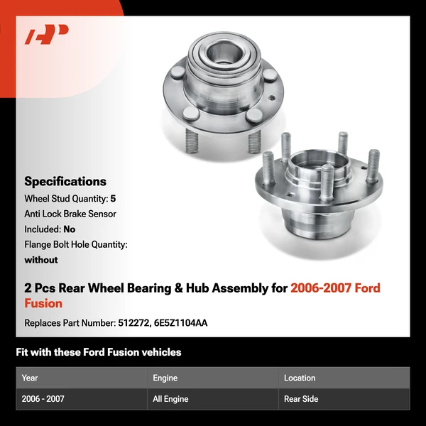 2 Pcs Rear Wheel Bearing & Hub Assembly for 2006-2007 Ford Fusion