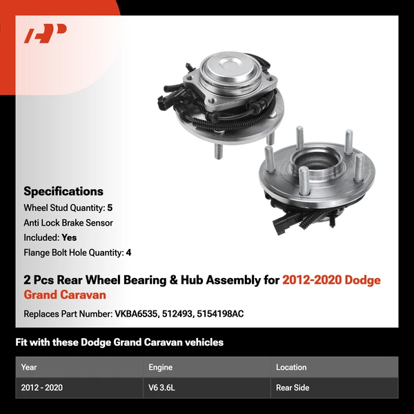 2 Pcs Rear Wheel Bearing & Hub Assembly for 2012-2020 Dodge Grand Caravan