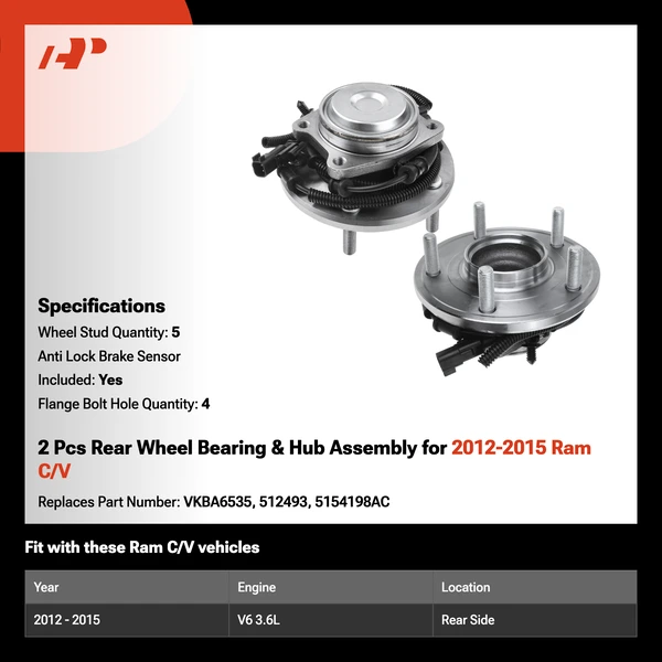 2 Pcs Rear Wheel Bearing & Hub Assembly for 2012-2015 Ram C/V