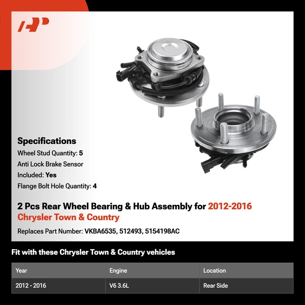 2 Pcs Rear Wheel Bearing & Hub Assembly for 2012-2016 Chrysler Town & Country