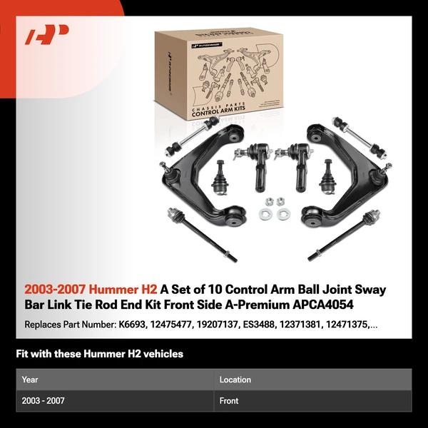 2003-2007 Hummer H2 A Set of 10 Control Arm Ball Joint Sway Bar Link Tie Rod End Kit Front Side A-Premium APCA4054