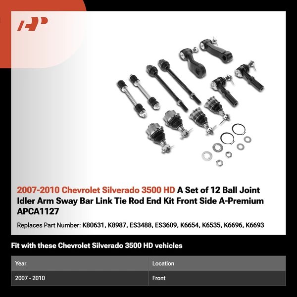 2007-2010 Chevrolet Silverado 3500 HD A Set of 12 Ball Joint Idler Arm Sway Bar Link Tie Rod End Kit Front Side A-Premium APCA1127