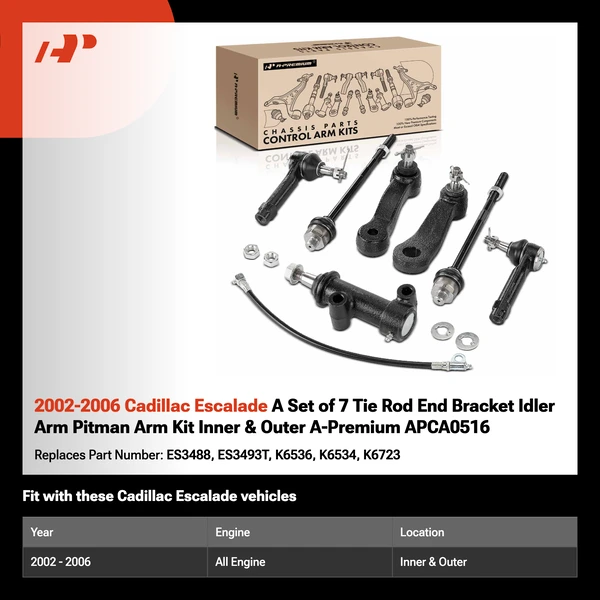 2002-2006 Cadillac Escalade A Set of 7 Tie Rod End Bracket Idler Arm Pitman Arm Kit Inner & Outer A-Premium APCA0516