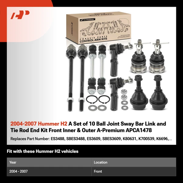 2004-2007 Hummer H2 A Set of 10 Ball Joint Sway Bar Link and Tie Rod End Kit Front Inner & Outer A-Premium APCA1478
