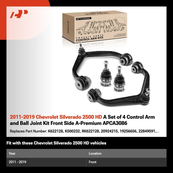 2011-2019 Chevrolet Silverado 2500 HD A Set of 4 Control Arm and Ball Joint Kit Front Side A-Premium APCA3086