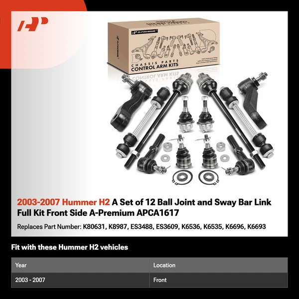 2003-2007 Hummer H2 A Set of 12 Ball Joint and Sway Bar Link Full Kit Front Side A-Premium APCA1617