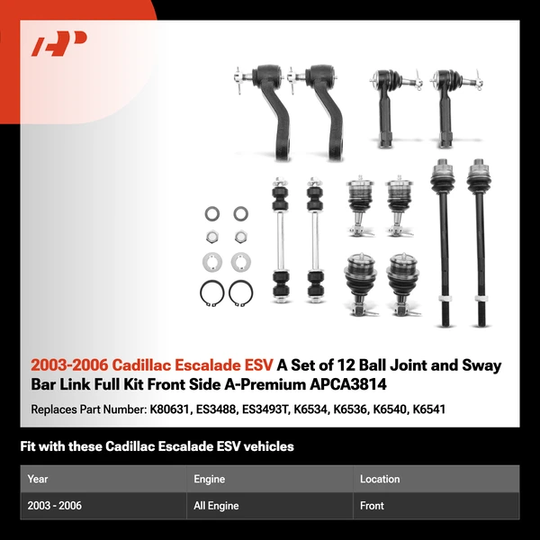 2003-2006 Cadillac Escalade ESV A Set of 12 Ball Joint and Sway Bar Link Full Kit Front Side A-Premium APCA3814
