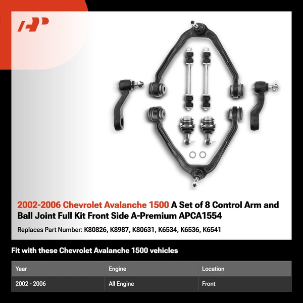 2002-2006 Chevrolet Avalanche 1500 A Set of 8 Control Arm and Ball Joint Full Kit Front Side A-Premium APCA1554