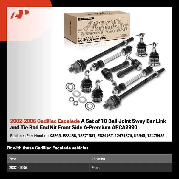 2002-2006 Cadillac Escalade A Set of 10 Ball Joint Sway Bar Link and Tie Rod End Kit Front Side A-Premium APCA2990