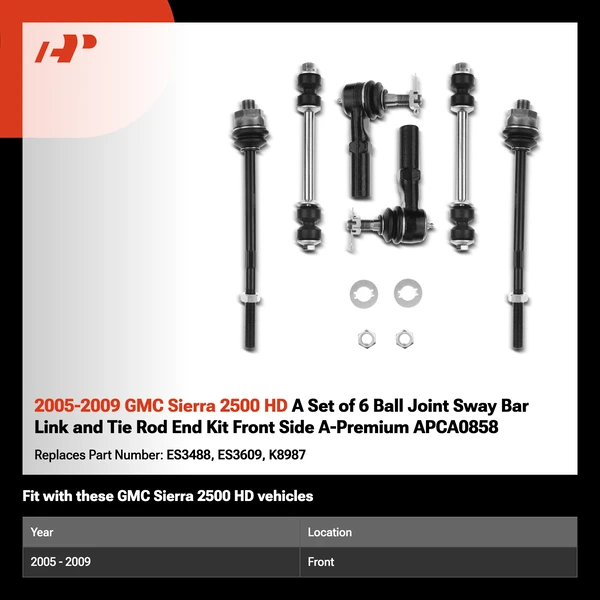2005-2009 GMC Sierra 2500 HD A Set of 6 Ball Joint Sway Bar Link and Tie Rod End Kit Front Side A-Premium APCA0858