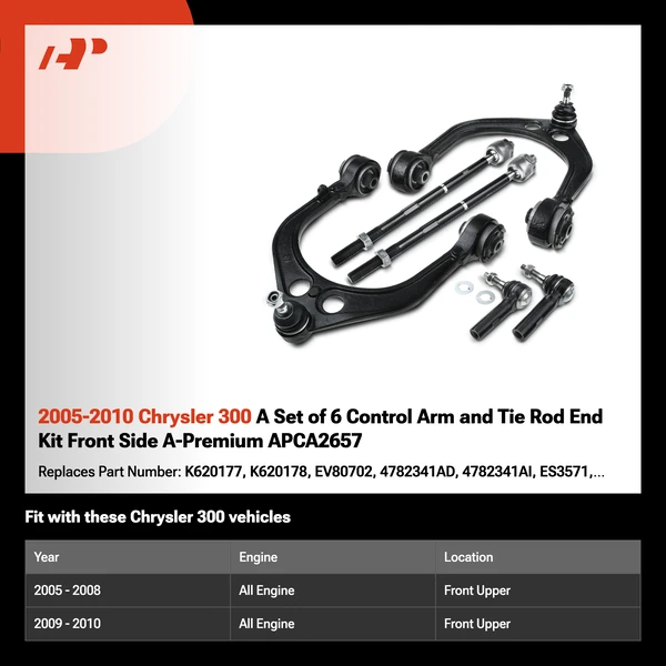 2005-2010 Chrysler 300 A Set of 6 Control Arm and Tie Rod End Kit Front Side A-Premium APCA2657