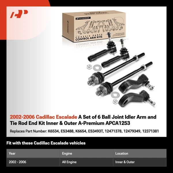 2002-2006 Cadillac Escalade A Set of 6 Ball Joint Idler Arm and Tie Rod End Kit Inner & Outer A-Premium APCA1253