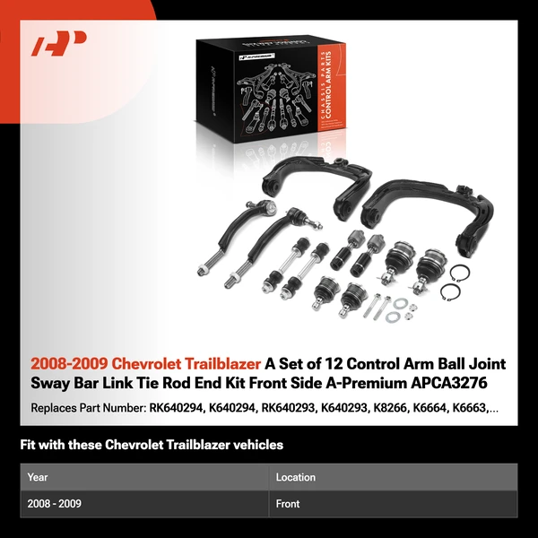 2008-2009 Chevrolet Trailblazer A Set of 12 Control Arm Ball Joint Sway Bar Link Tie Rod End Kit Front Side A-Premium APCA3276