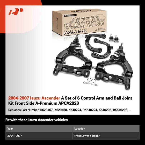 2004-2007 Isuzu Ascender A Set of 6 Control Arm and Ball Joint Kit Front Side A-Premium APCA2828