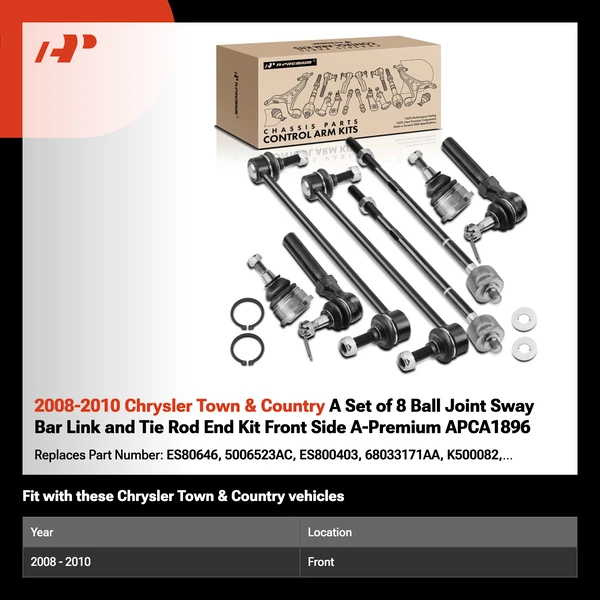 2008-2010 Chrysler Town & Country A Set of 8 Ball Joint Sway Bar Link and Tie Rod End Kit Front Side A-Premium APCA1896