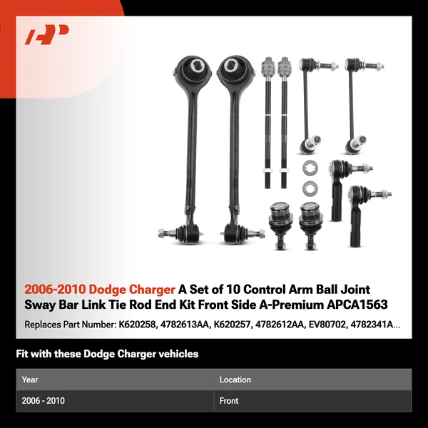 2006-2010 Dodge Charger A Set of 10 Control Arm Ball Joint Sway Bar Link Tie Rod End Kit Front Side A-Premium APCA1563
