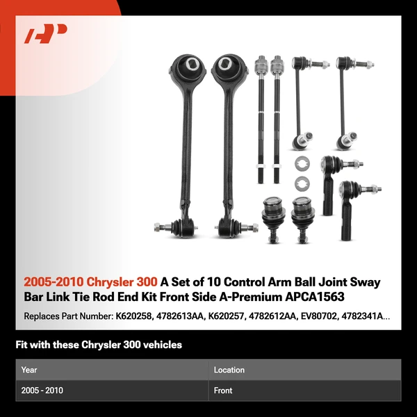 2005-2010 Chrysler 300 A Set of 10 Control Arm Ball Joint Sway Bar Link Tie Rod End Kit Front Side A-Premium APCA1563