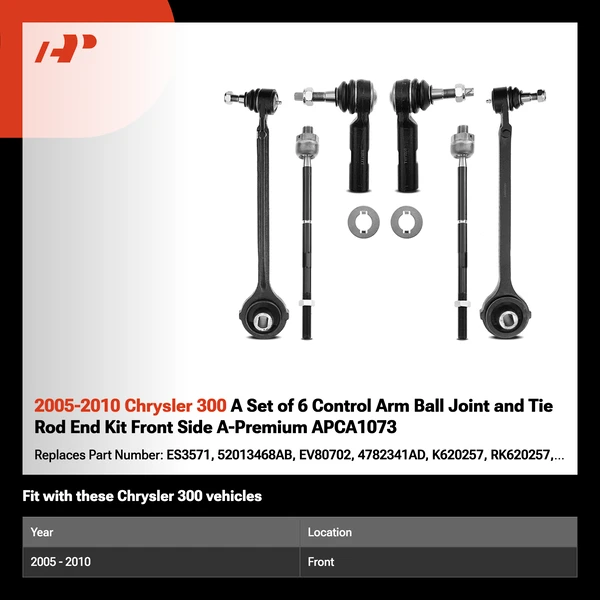 2005-2010 Chrysler 300 A Set of 6 Control Arm Ball Joint and Tie Rod End Kit Front Side A-Premium APCA1073