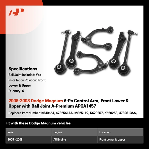 2005-2008 Dodge Magnum 6-Pc Control Arm, Front Lower & Upper with Ball Joint A-Premium APCA1457