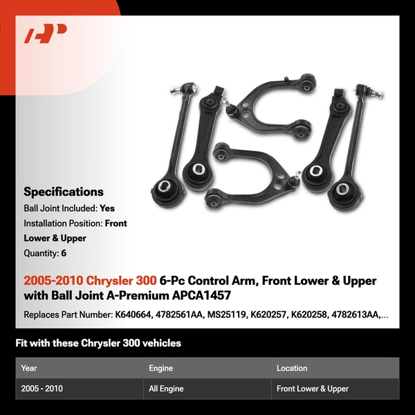 2005-2010 Chrysler 300 6-Pc Control Arm, Front Lower & Upper with Ball Joint A-Premium APCA1457