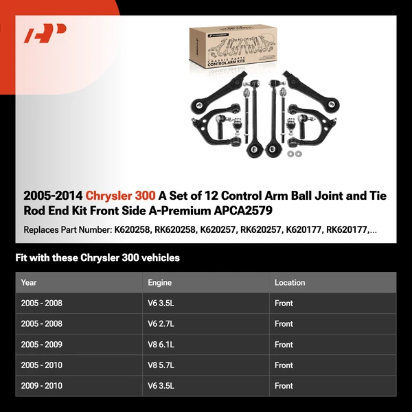 2005-2014 Chrysler 300 A Set of 12 Control Arm Ball Joint and Tie Rod End Kit Front Side A-Premium APCA2579