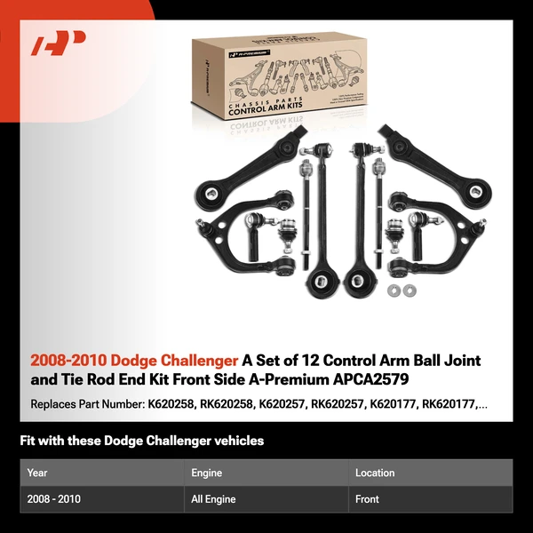 2008-2010 Dodge Challenger A Set of 12 Control Arm Ball Joint and Tie Rod End Kit Front Side A-Premium APCA2579