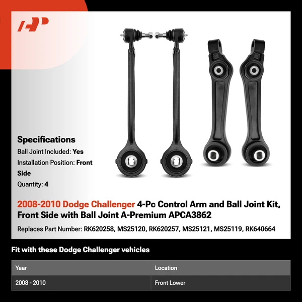 2008-2010 Dodge Challenger 4-Pc Control Arm and Ball Joint Kit, Front Side with Ball Joint A-Premium APCA3862