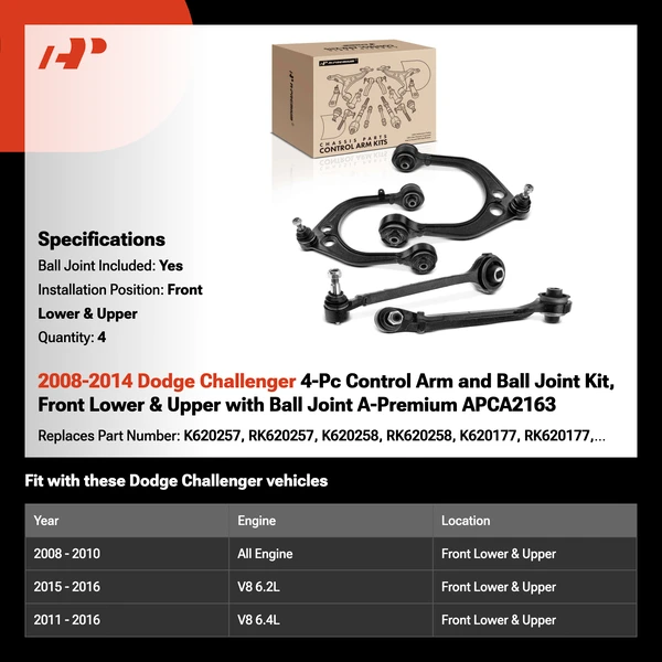 2008-2014 Dodge Challenger 4-Pc Control Arm and Ball Joint Kit, Front Lower & Upper with Ball Joint A-Premium APCA2163