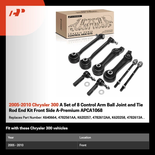 2005-2010 Chrysler 300 A Set of 8 Control Arm Ball Joint and Tie Rod End Kit Front Side A-Premium APCA1068