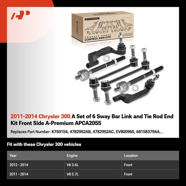 2011-2014 Chrysler 300 A Set of 6 Sway Bar Link and Tie Rod End Kit Front Side A-Premium APCA2055