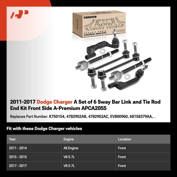 2011-2017 Dodge Charger A Set of 6 Sway Bar Link and Tie Rod End Kit Front Side A-Premium APCA2055