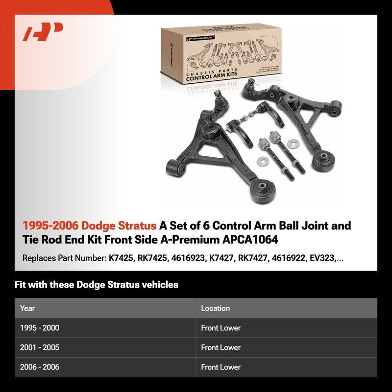 1995-2006 Dodge Stratus A Set of 6 Control Arm Ball Joint and Tie Rod End Kit Front Side A-Premium APCA1064
