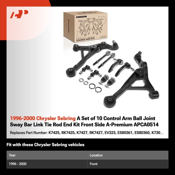 1996-2000 Chrysler Sebring A Set of 10 Control Arm Ball Joint Sway Bar Link Tie Rod End Kit Front Side A-Premium APCA0514