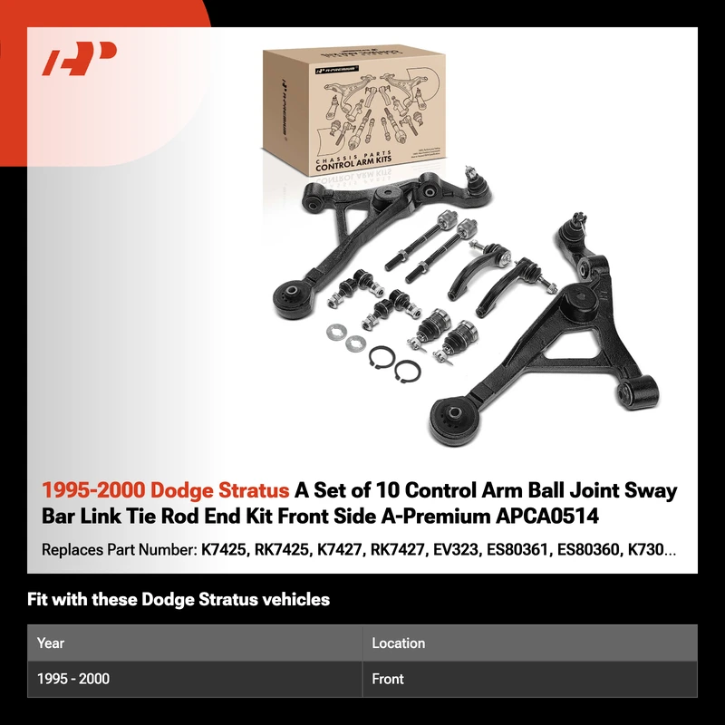 1995-2000 Dodge Stratus A Set of 10 Control Arm Ball Joint Sway Bar Link Tie Rod End Kit Front Side A-Premium APCA0514
