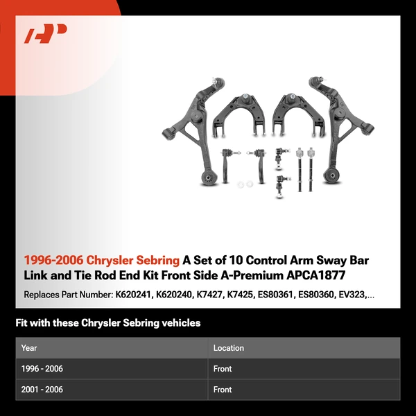1996-2006 Chrysler Sebring A Set of 10 Control Arm Sway Bar Link and Tie Rod End Kit Front Side A-Premium APCA1877