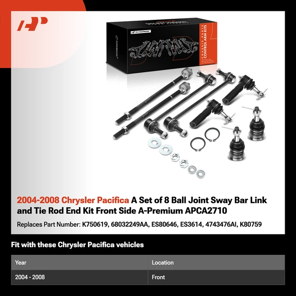 2004-2008 Chrysler Pacifica A Set of 8 Ball Joint Sway Bar Link and Tie Rod End Kit Front Side A-Premium APCA2710