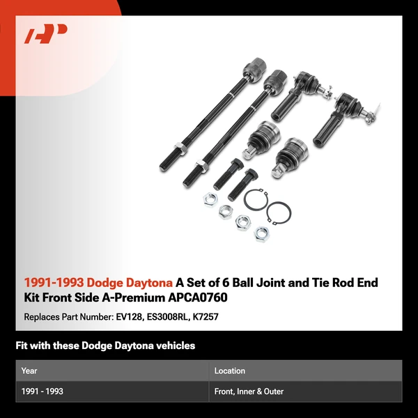 1991-1993 Dodge Daytona A Set of 6 Ball Joint and Tie Rod End Kit Front Side A-Premium APCA0760