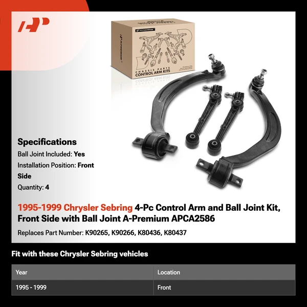 1995-1999 Chrysler Sebring 4-Pc Control Arm and Ball Joint Kit, Front Side with Ball Joint A-Premium APCA2586