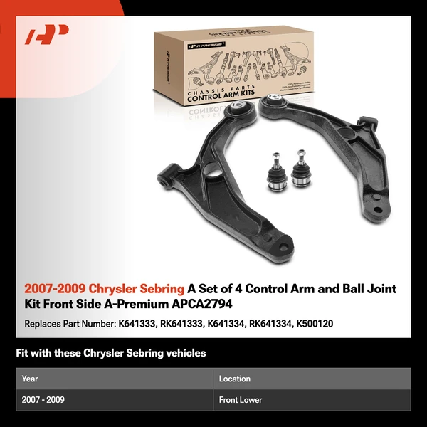 2007-2009 Chrysler Sebring A Set of 4 Control Arm and Ball Joint Kit Front Side A-Premium APCA2794