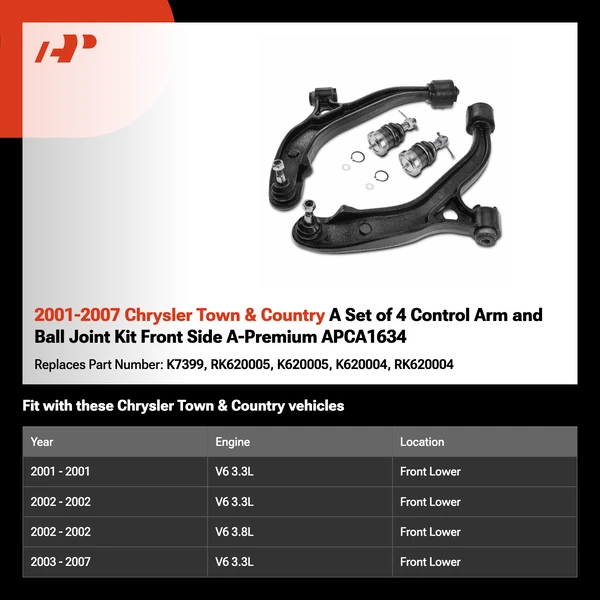 2001-2007 Chrysler Town & Country A Set of 4 Control Arm and Ball Joint Kit Front Side A-Premium APCA1634