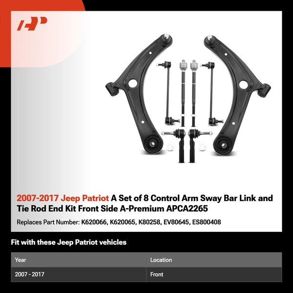 2007-2017 Jeep Patriot A Set of 8 Control Arm Sway Bar Link and Tie Rod End Kit Front Side A-Premium APCA2265