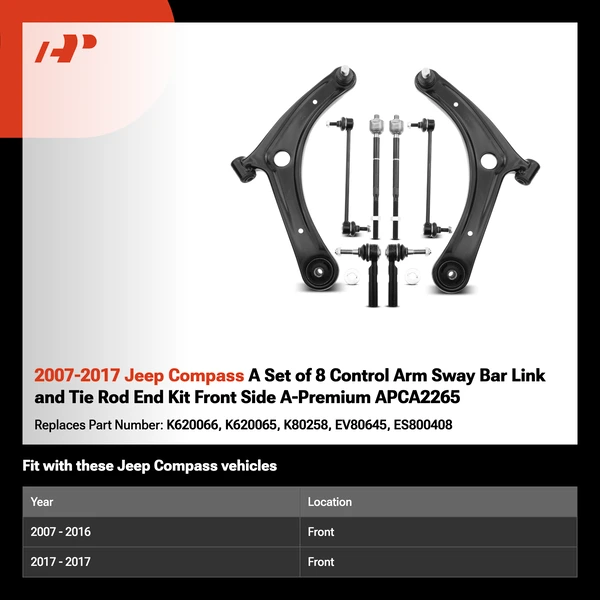 2007-2017 Jeep Compass A Set of 8 Control Arm Sway Bar Link and Tie Rod End Kit Front Side A-Premium APCA2265