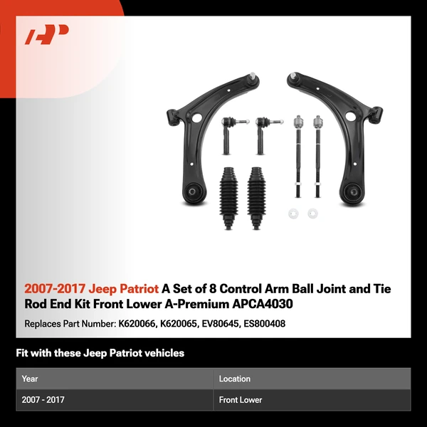 2007-2017 Jeep Patriot A Set of 8 Control Arm Ball Joint and Tie Rod End Kit Front Lower A-Premium APCA4030