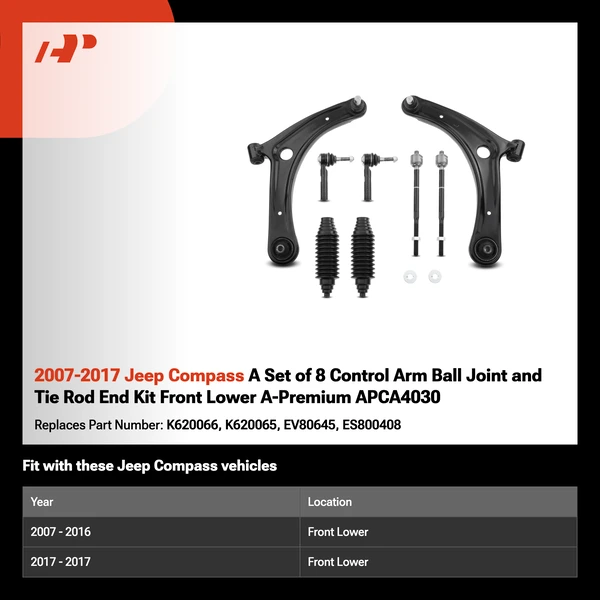 2007-2017 Jeep Compass A Set of 8 Control Arm Ball Joint and Tie Rod End Kit Front Lower A-Premium APCA4030