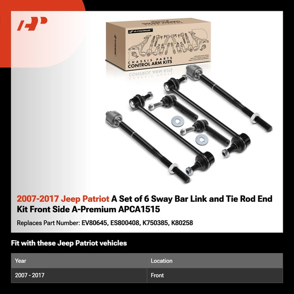 2007-2017 Jeep Patriot A Set of 6 Sway Bar Link and Tie Rod End Kit Front Side A-Premium APCA1515