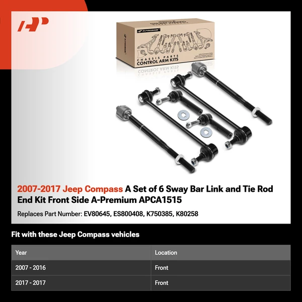2007-2017 Jeep Compass A Set of 6 Sway Bar Link and Tie Rod End Kit Front Side A-Premium APCA1515