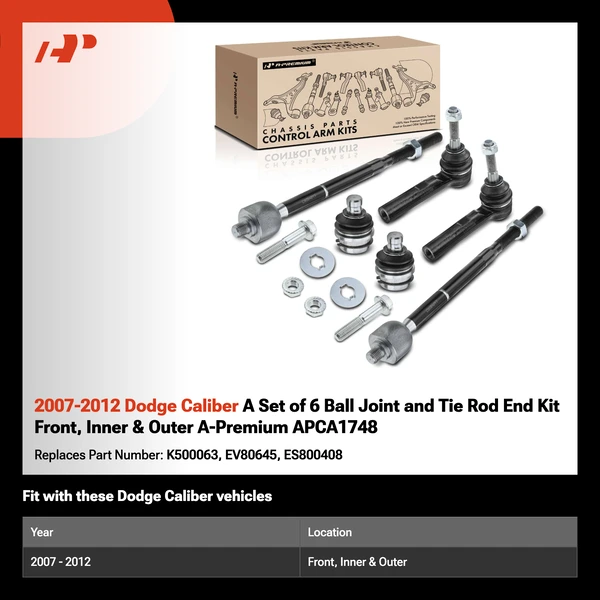 2007-2012 Dodge Caliber A Set of 6 Ball Joint and Tie Rod End Kit Front, Inner & Outer A-Premium APCA1748