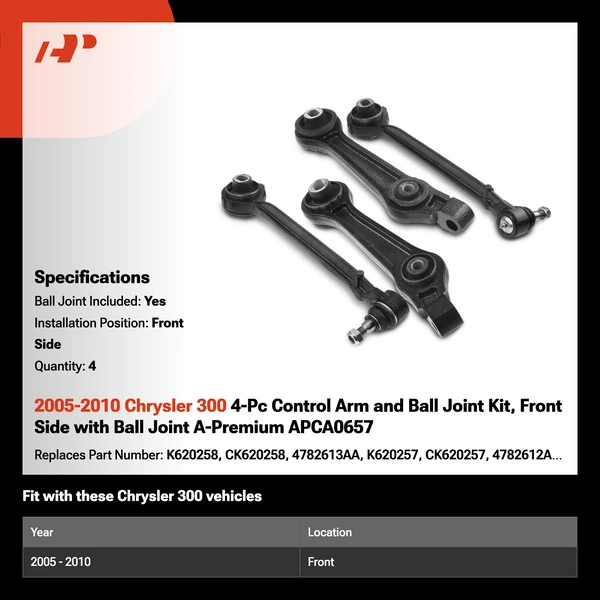 2005-2010 Chrysler 300 4-Pc Control Arm and Ball Joint Kit, Front Side with Ball Joint A-Premium APCA0657