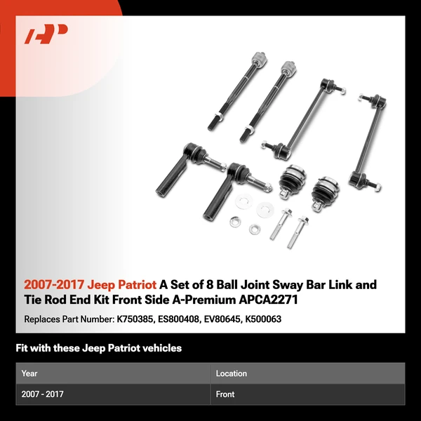 2007-2017 Jeep Patriot A Set of 8 Ball Joint Sway Bar Link and Tie Rod End Kit Front Side A-Premium APCA2271